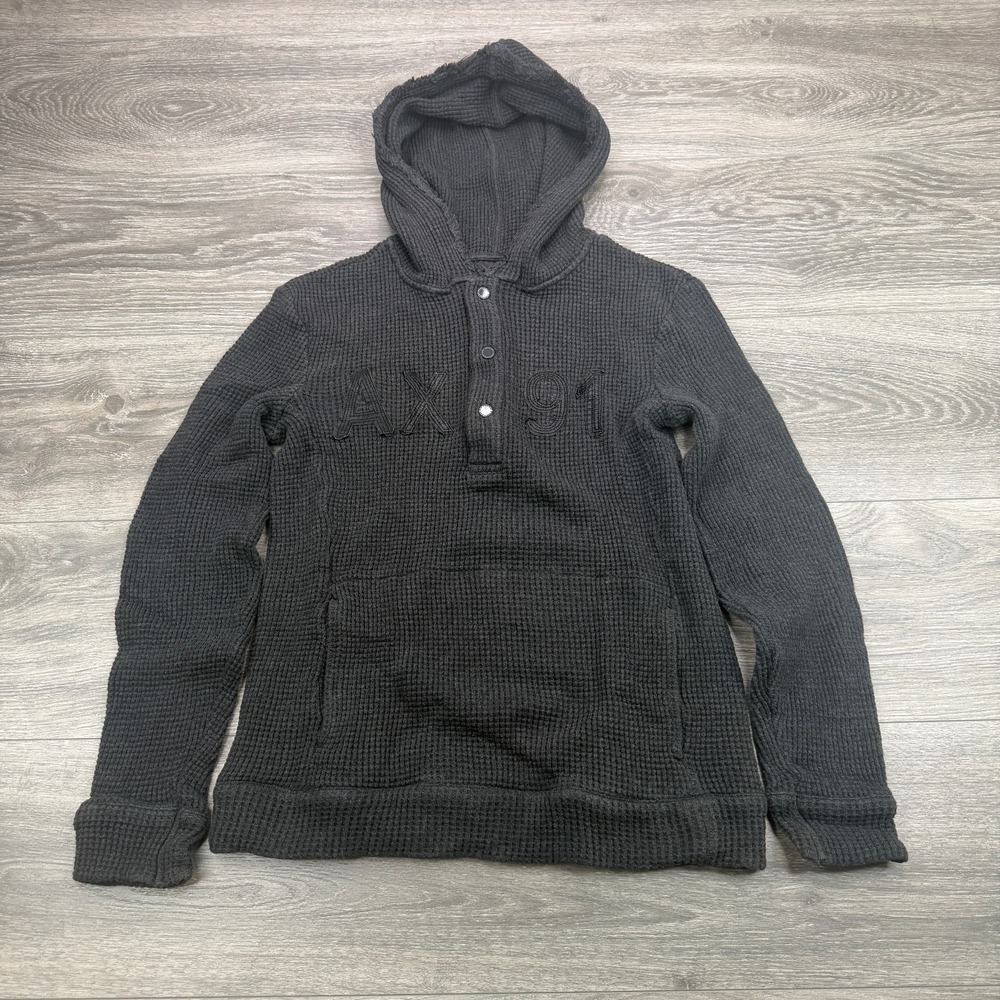 Armani Exchange AX Hoodie Women Small Gray Waffle Knit Henley Spellout Pullover